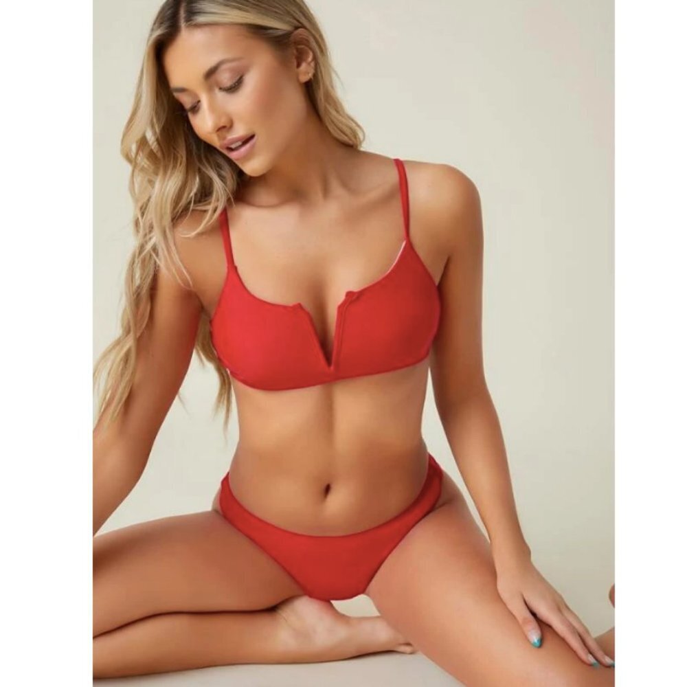 Shein Simple Red V-Wire Front Bikini Swimsuit👙L NIP